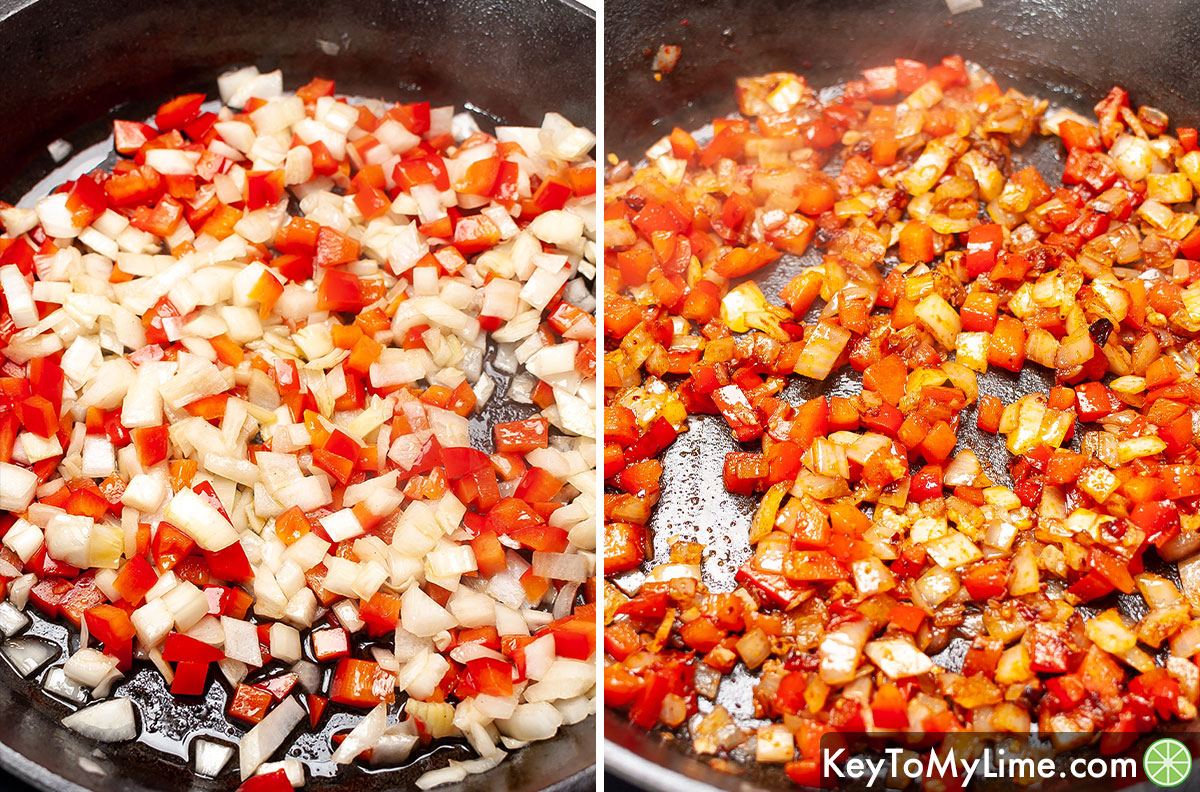 Seasoned chopped bell peppers and onions before and after cooking.