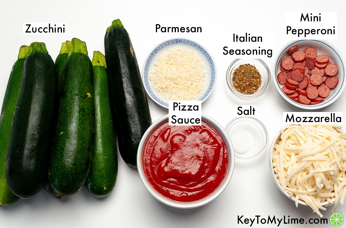 Zucchini pizza boats ingredients labeled.