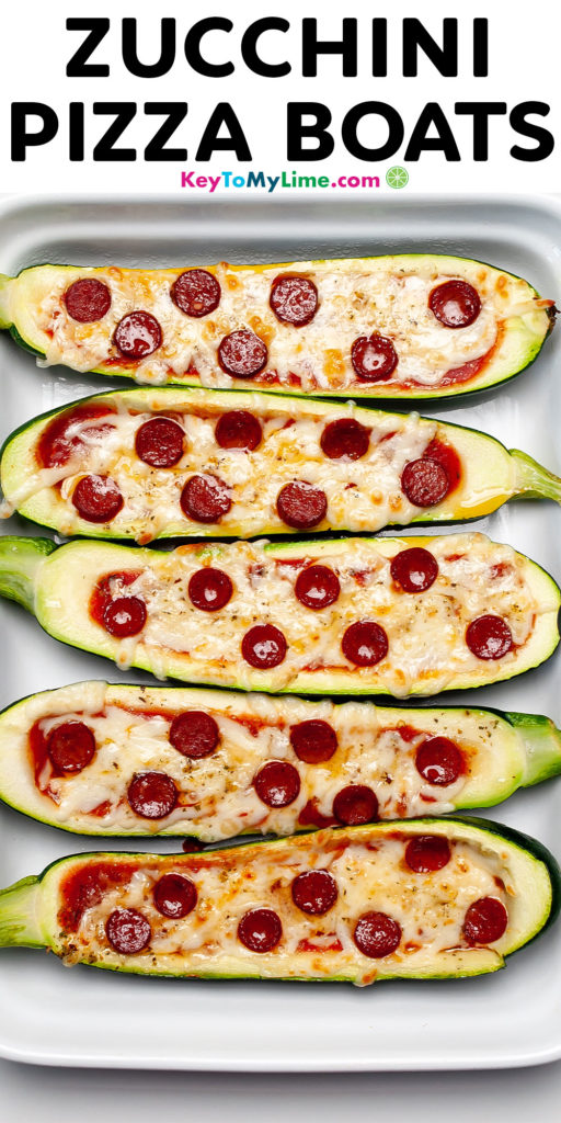 A Pinterest pin image of zucchini pizza boats with title text.