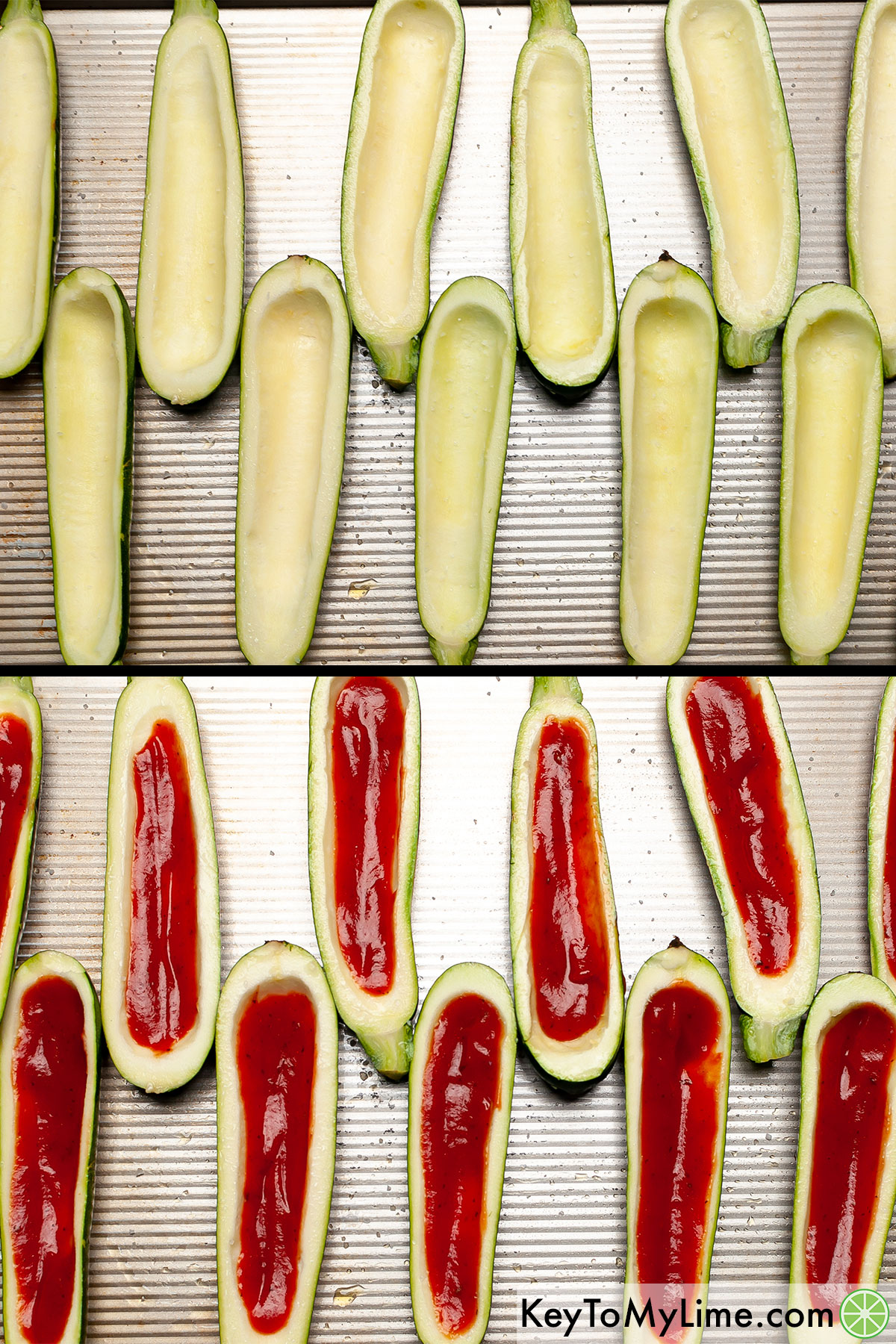 A process collage showing adding salt and pizza sauce to zucchini boats.