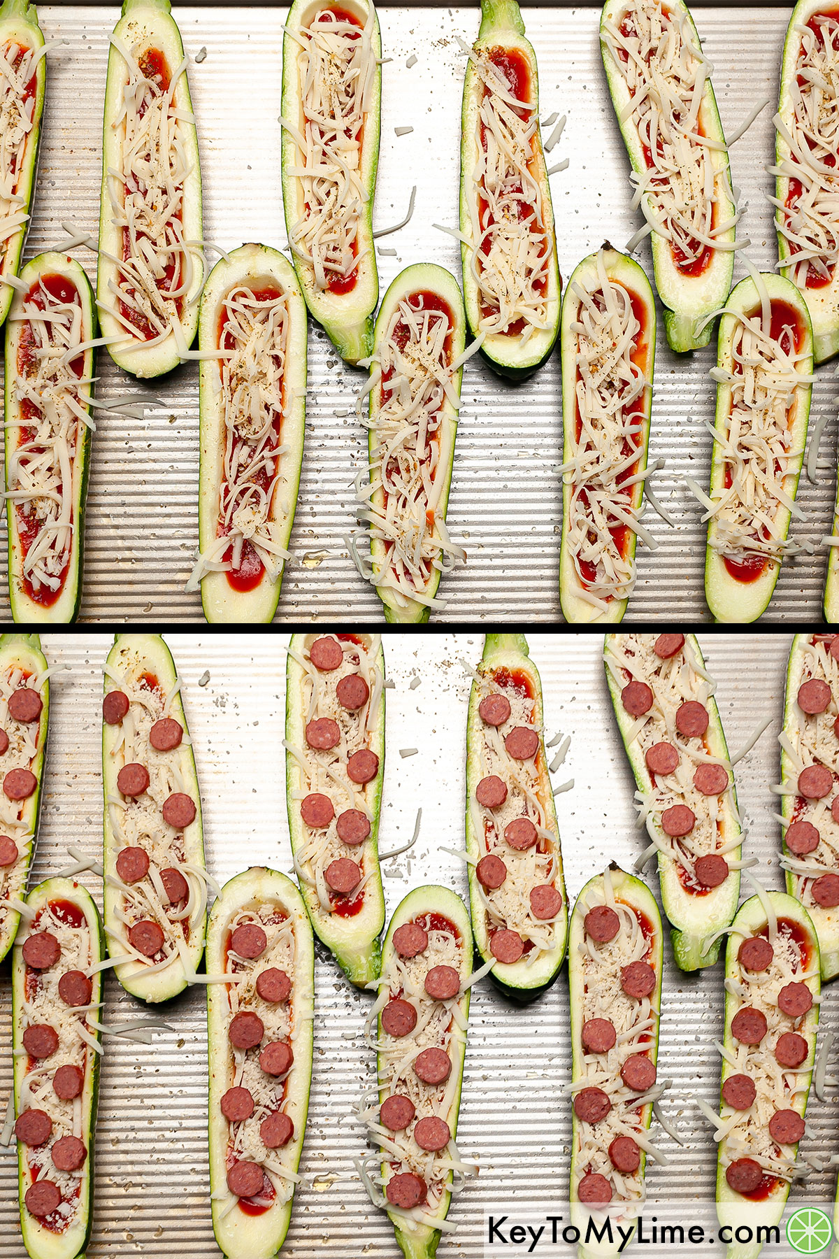 A process collage showing adding cheese and mini pepperoni to zucchini boats.