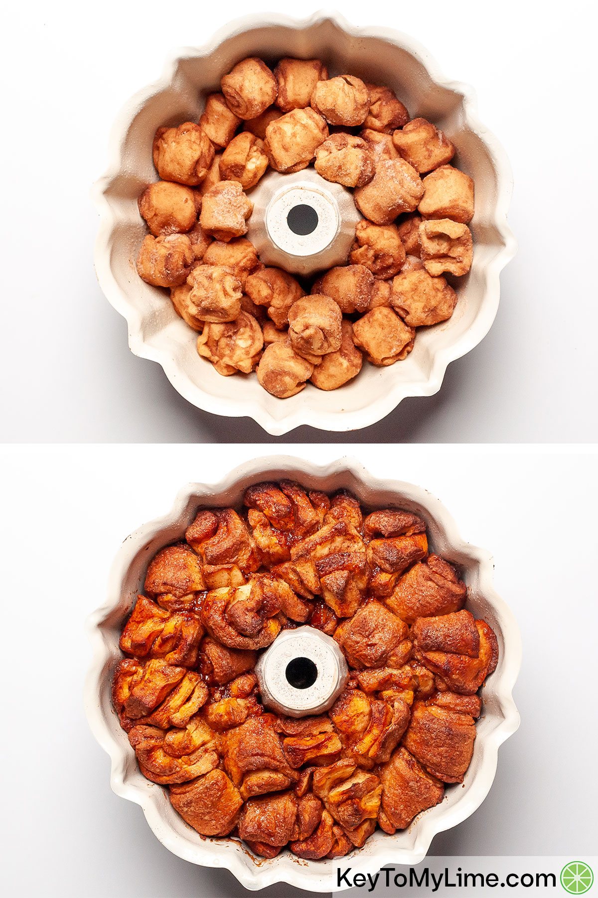 Cinnamon roll monkey bread before and after baking.