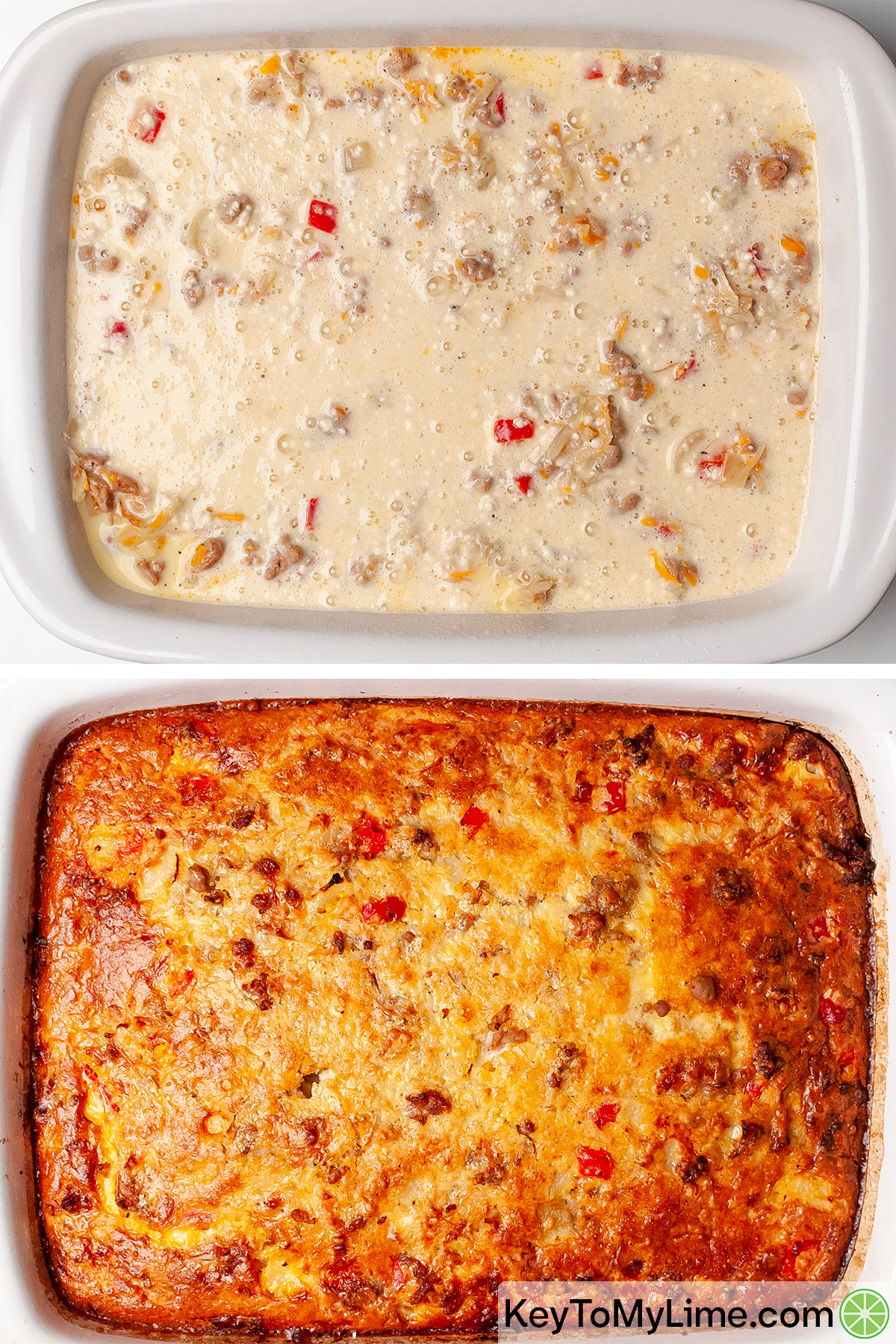 Bisquick breakfast casserole before and after baking.