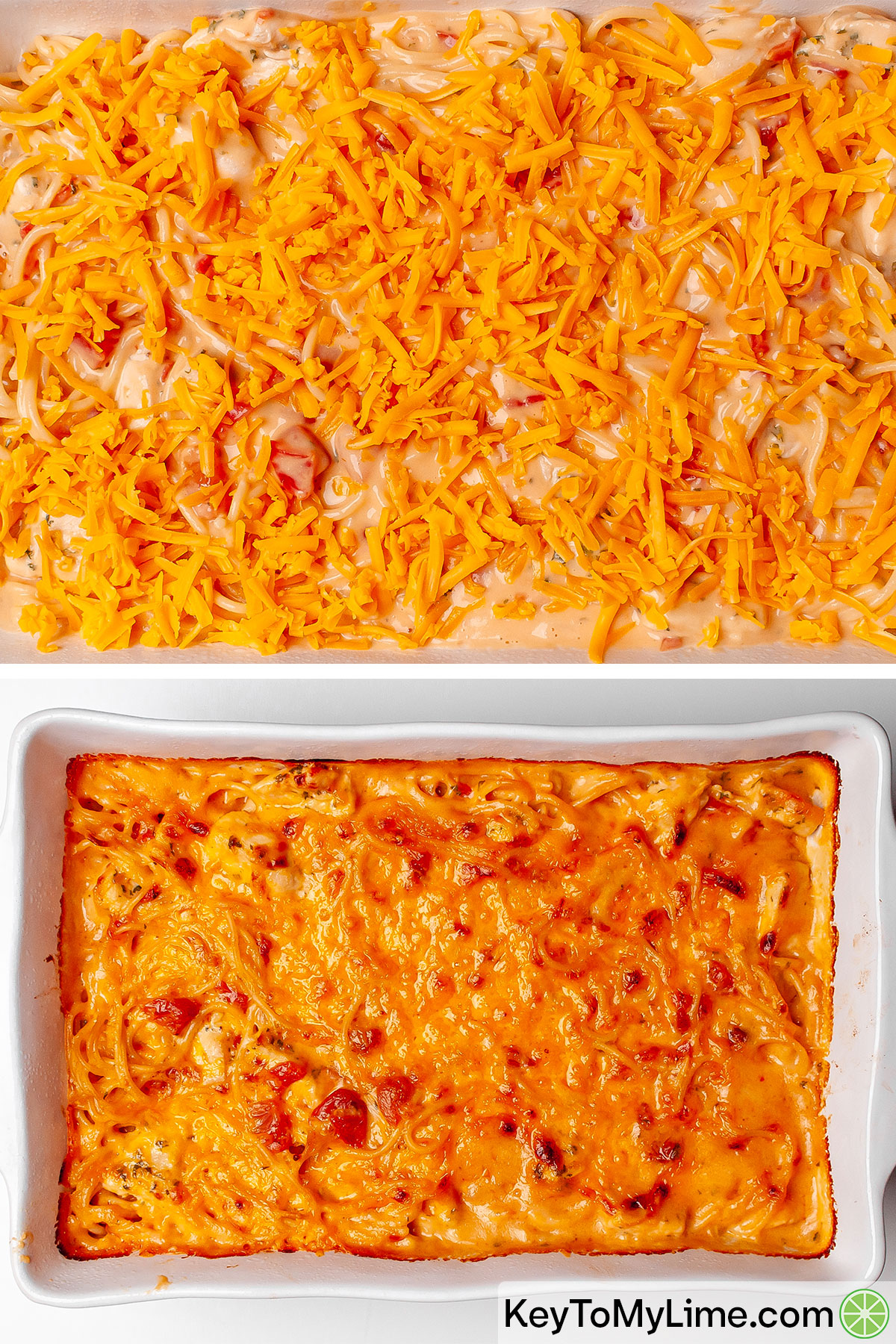 Chicken spaghetti with RO-TEL in a casserole dish, shown before and after baking.