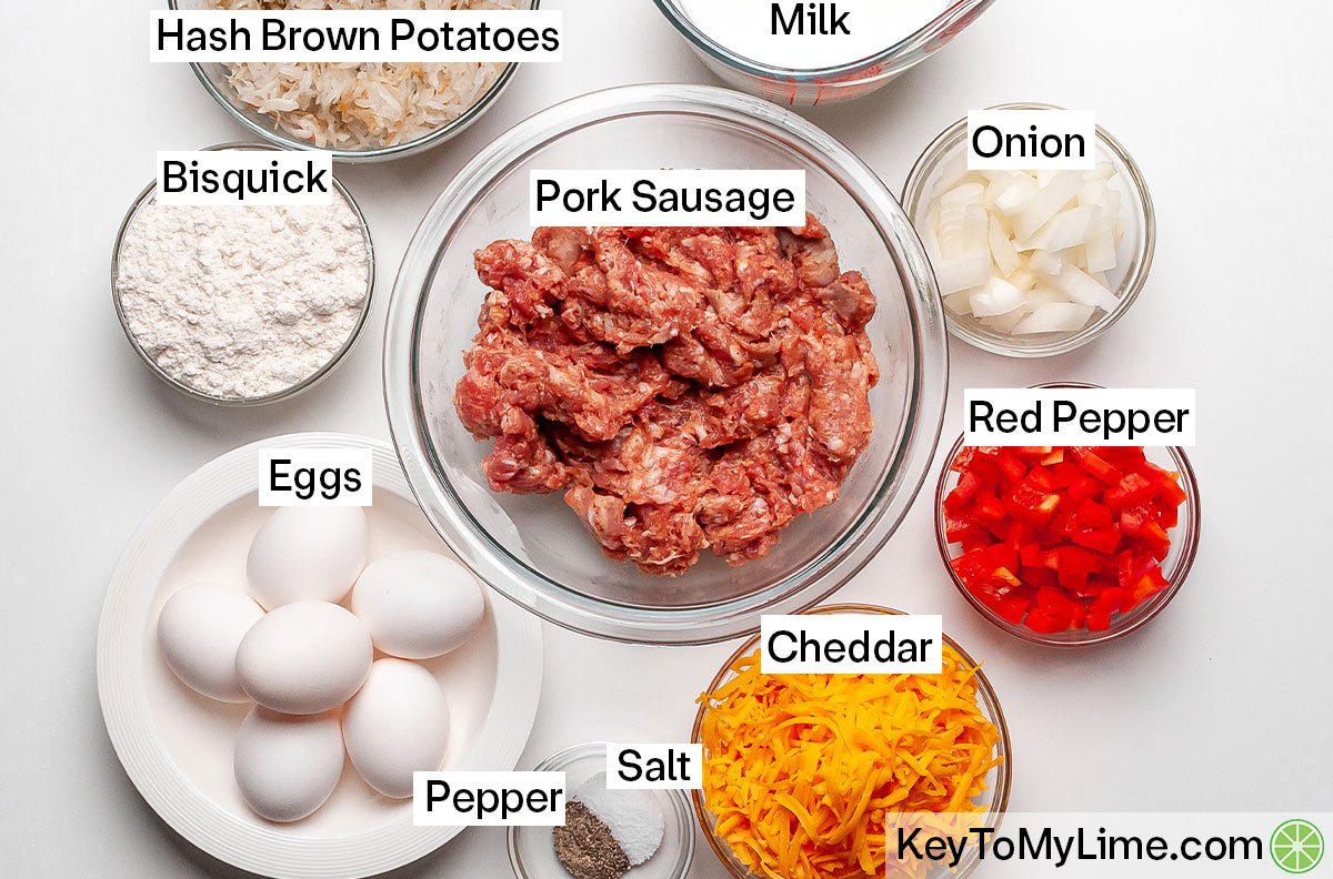 The labeled ingredients for Bisquick breakfast casserole.