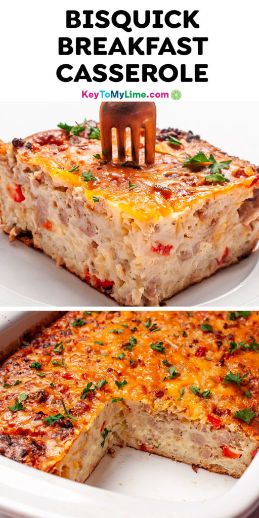 A Pinterest pin image with two pictures of Bisquick breakfast casserole and title text at the top.