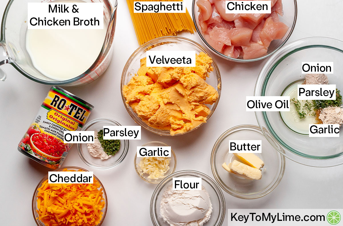 The labeled ingredients for chicken spaghetti with RO-TEL.