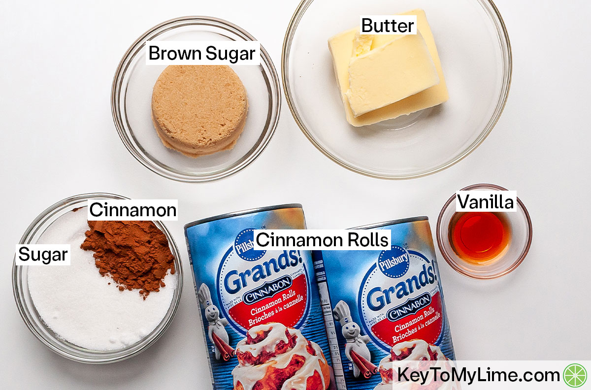 The labeled ingredients for cinnamon roll monkey bread.