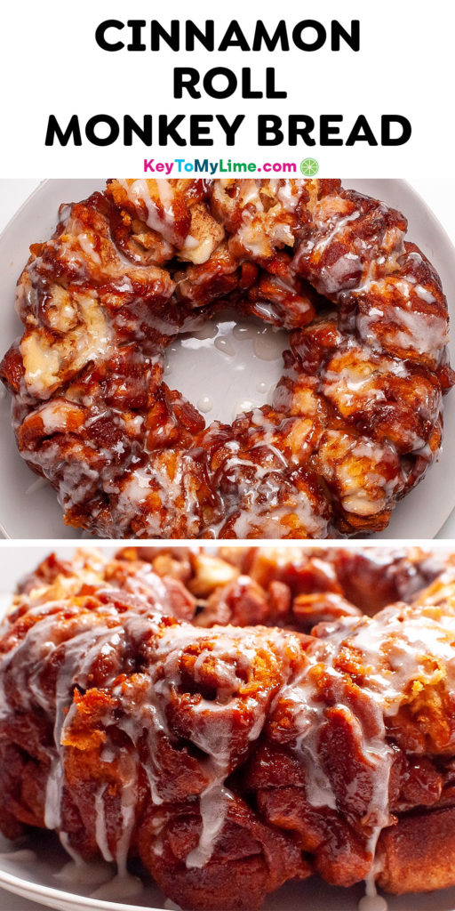 A Pinterest pin image with two pictures of cinnamon roll monkey bread and title text at the top.