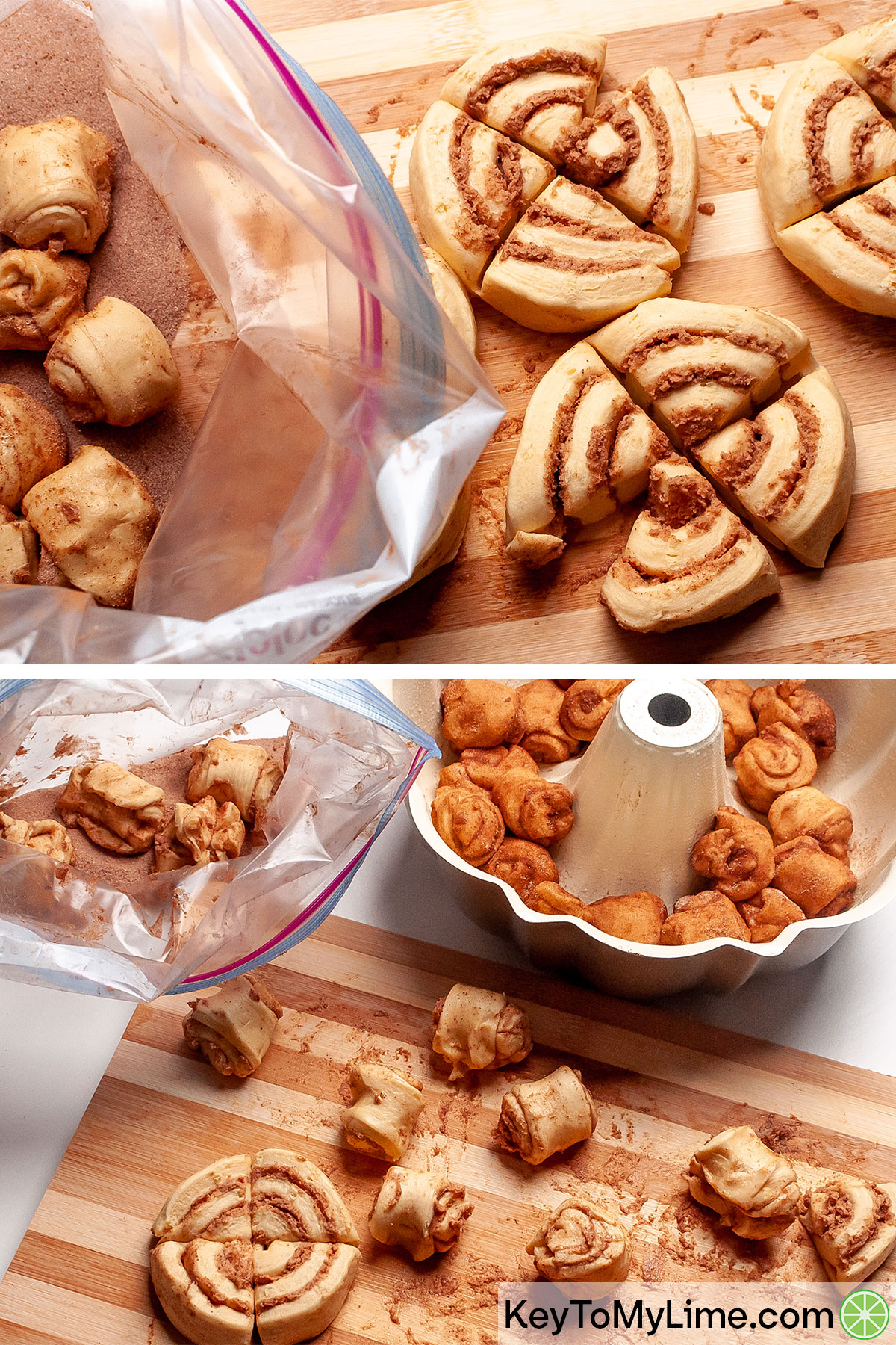 Coating cinnamon roll dough in cinnamon sugar, then filling the Bundt pan with it.