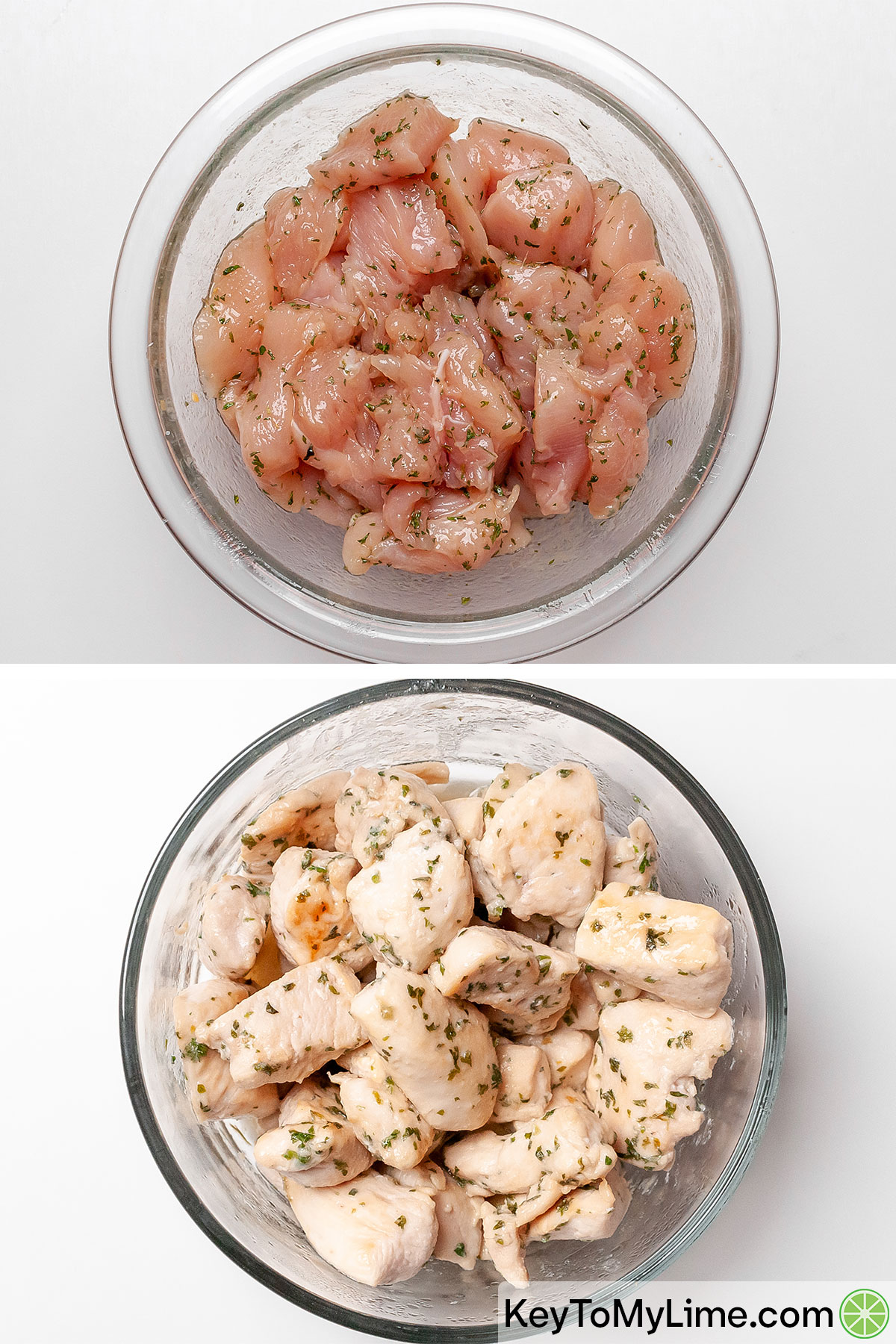 Seasoned chicken breast chunks before and after cooking.