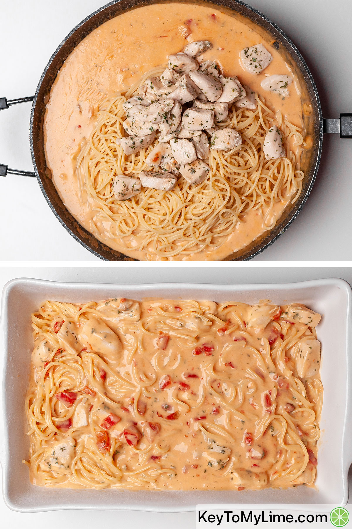 Mixing cooked spaghetti and chicken chunks into a creamy RO-TEL sauce.