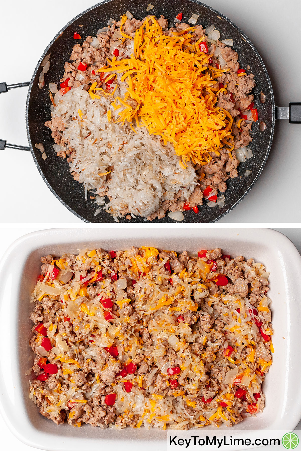 Mixing shredded cheese and hash browns into crumbled sausage, then spreading it out in a baking dish.