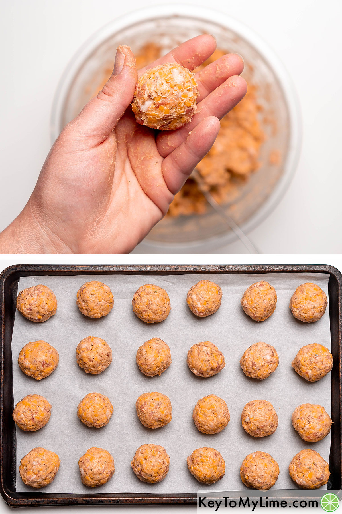 Forming sausage balls into 1-inch circles, then placing them on a parchment paper lined baking sheet.