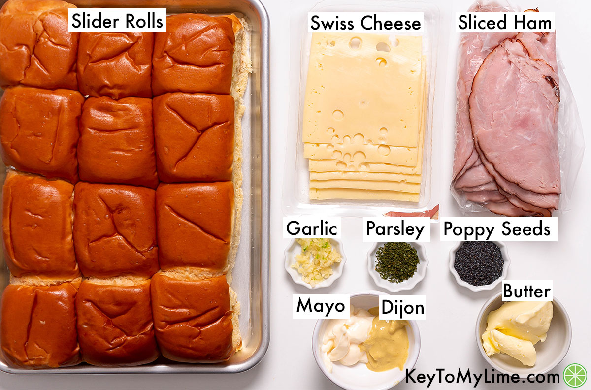 The labeled ingredients for ham and cheese sliders.