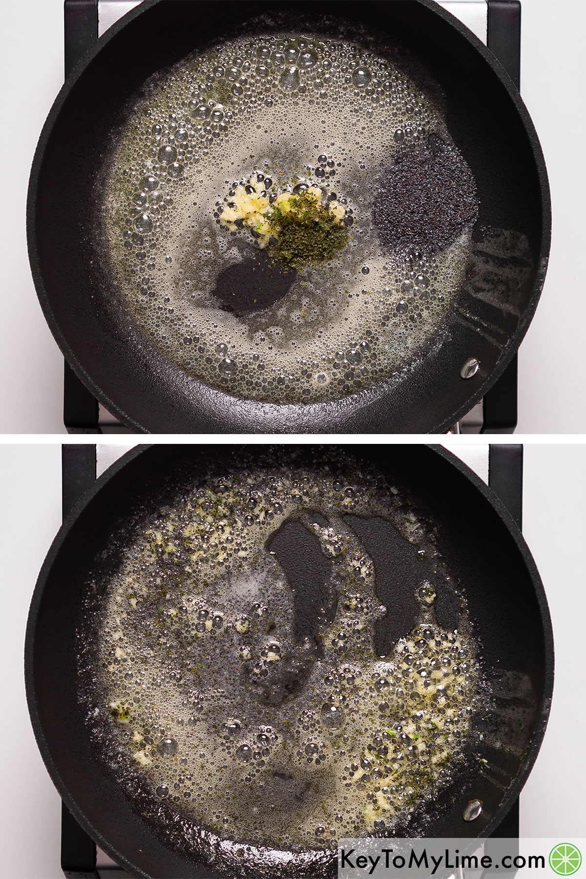 Melting butter with garlic, parsley, and poppy seeds.