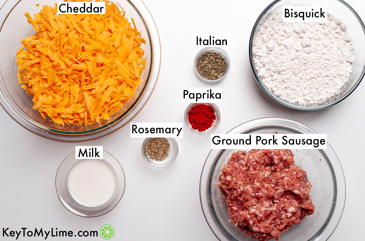 The labeled ingredients for sausage balls.