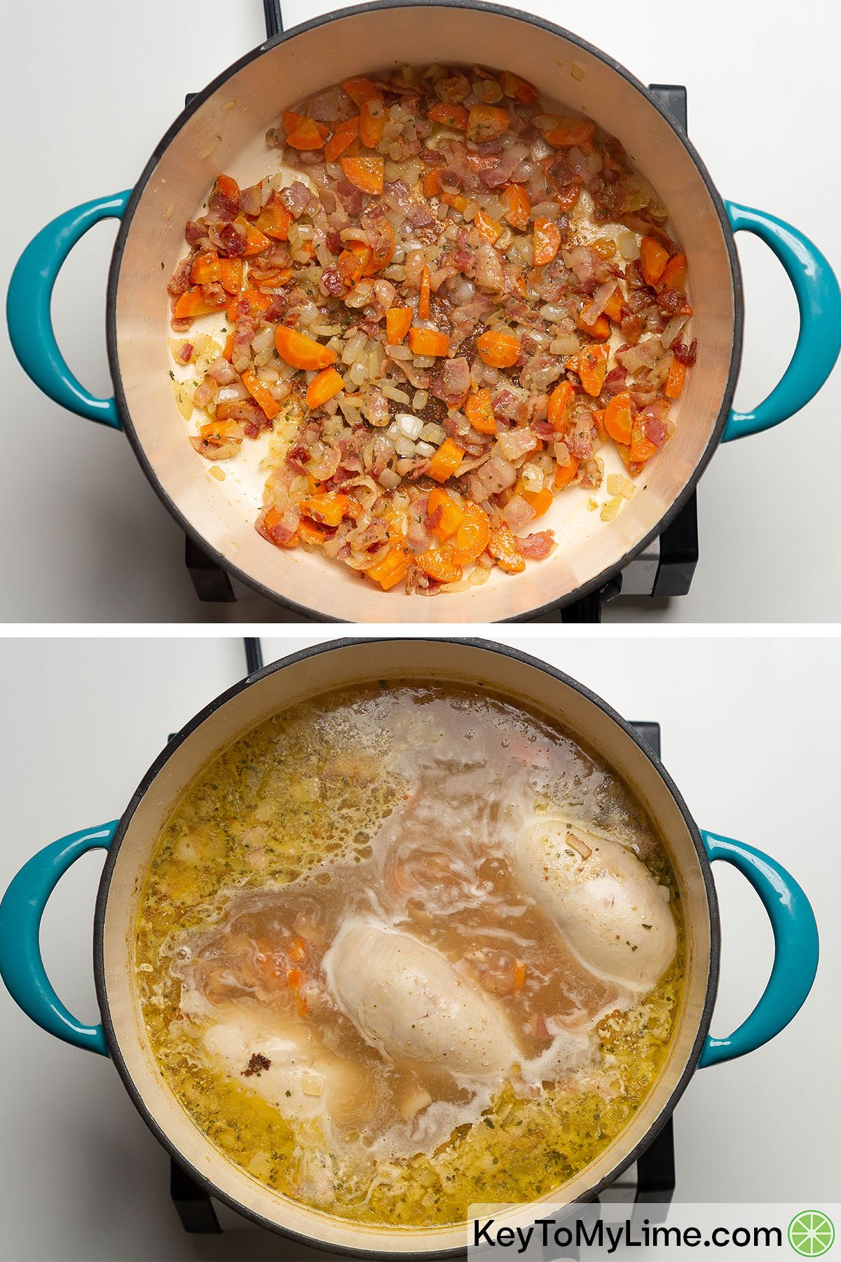 Adding ranch seasoning, chicken broth, and chicken breasts to a large pot.