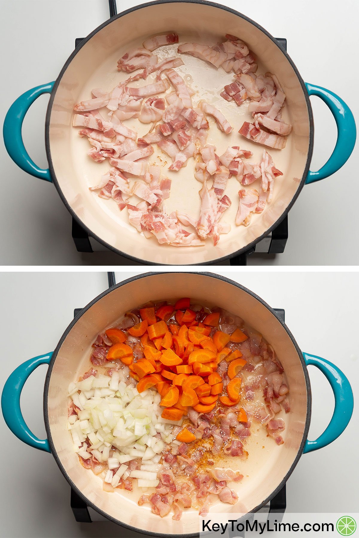 Sauteing bacon, carrots, and onions in a large pot.