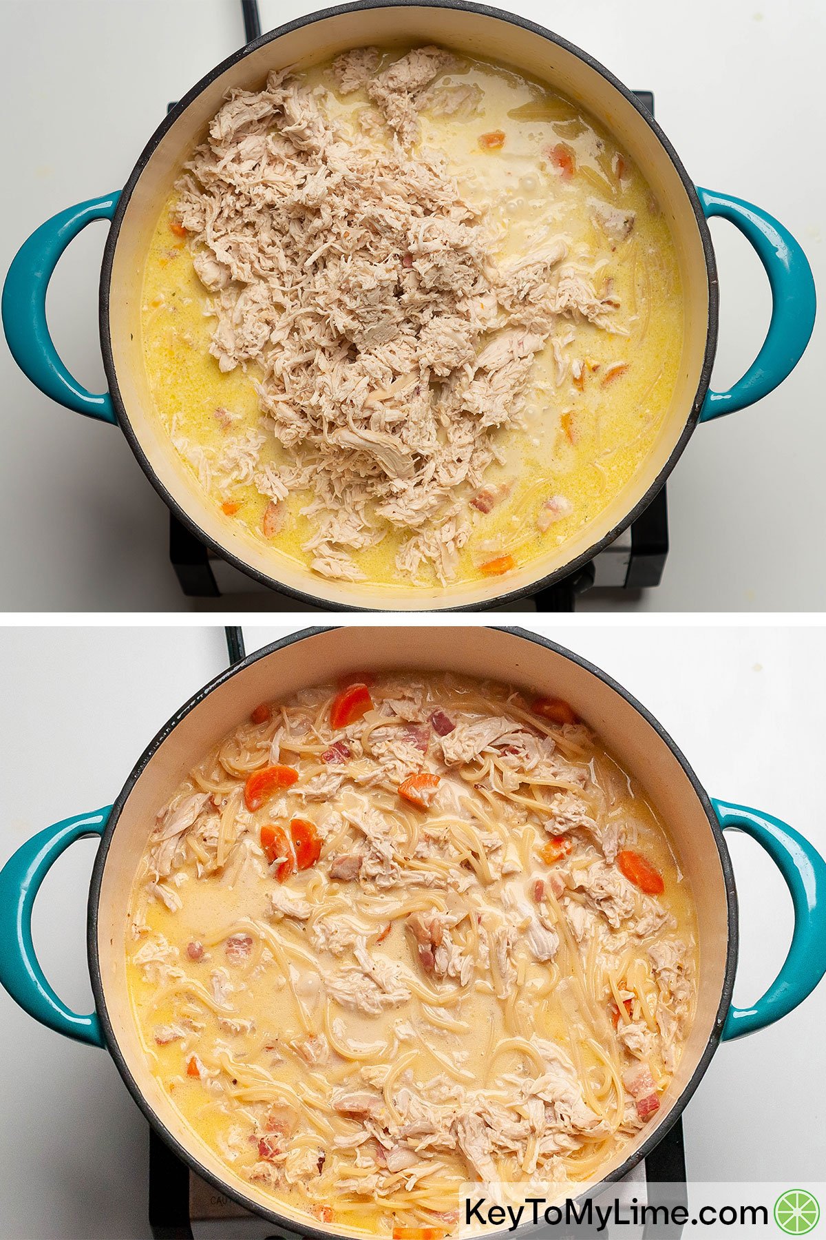 Mixing shredded chicken into creamy chicken soup.
