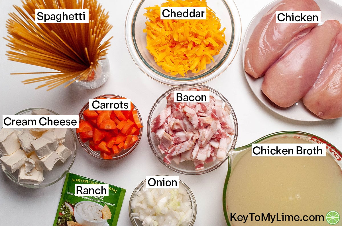 The labeled ingredients for crack chicken noodle soup.