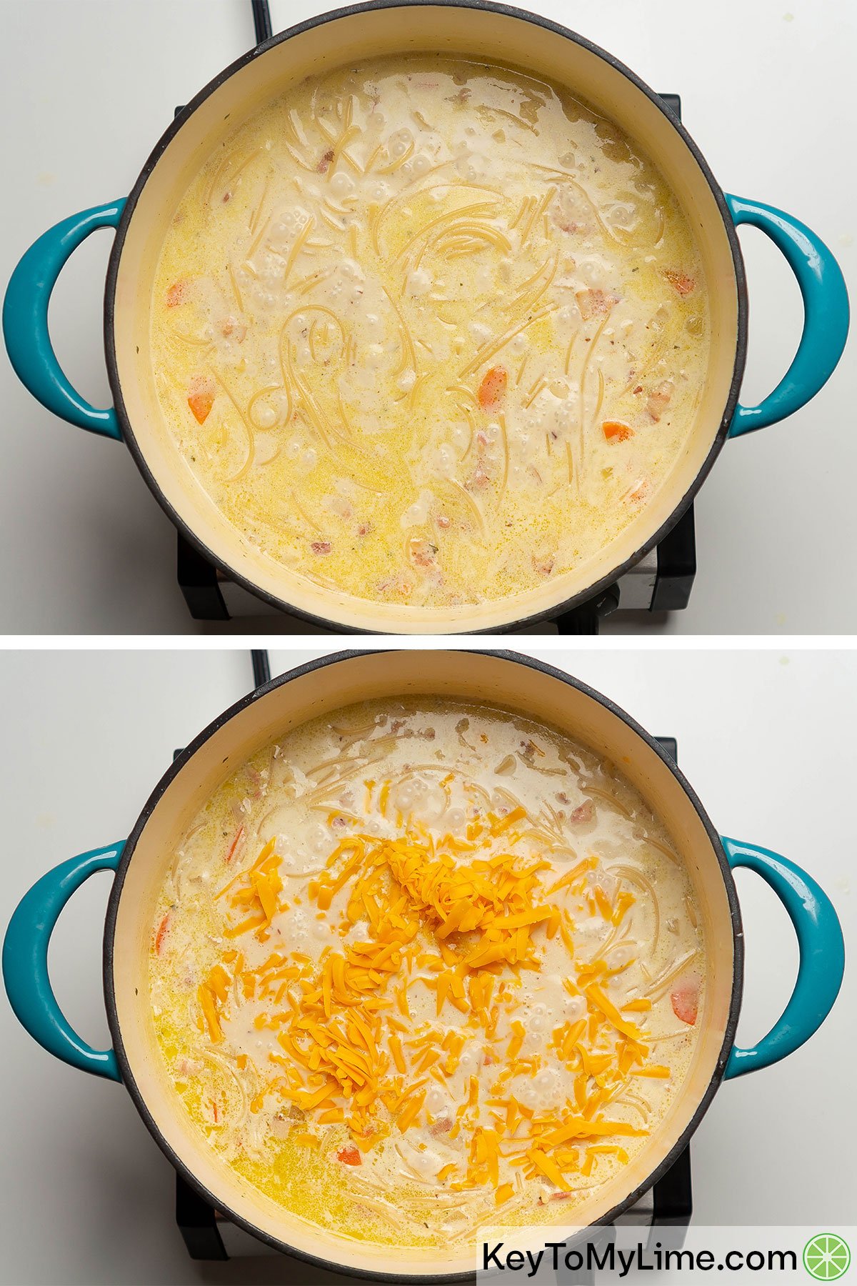 Mixing cheddar cheese into chicken soup.