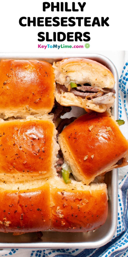 A Pinterest pin image of Philly cheesesteak sliders, with title text at the top.