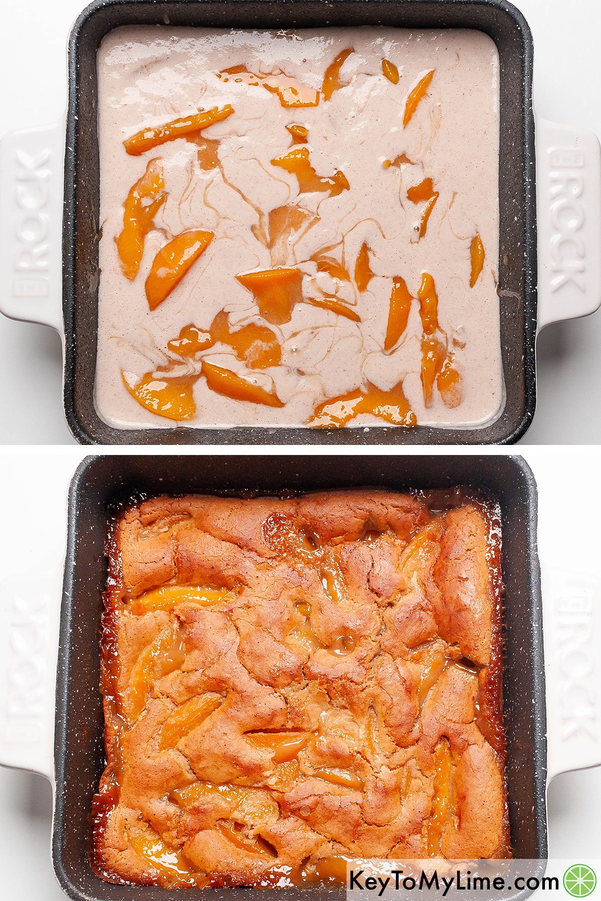 Bisquick peach cobbler before and after baking.