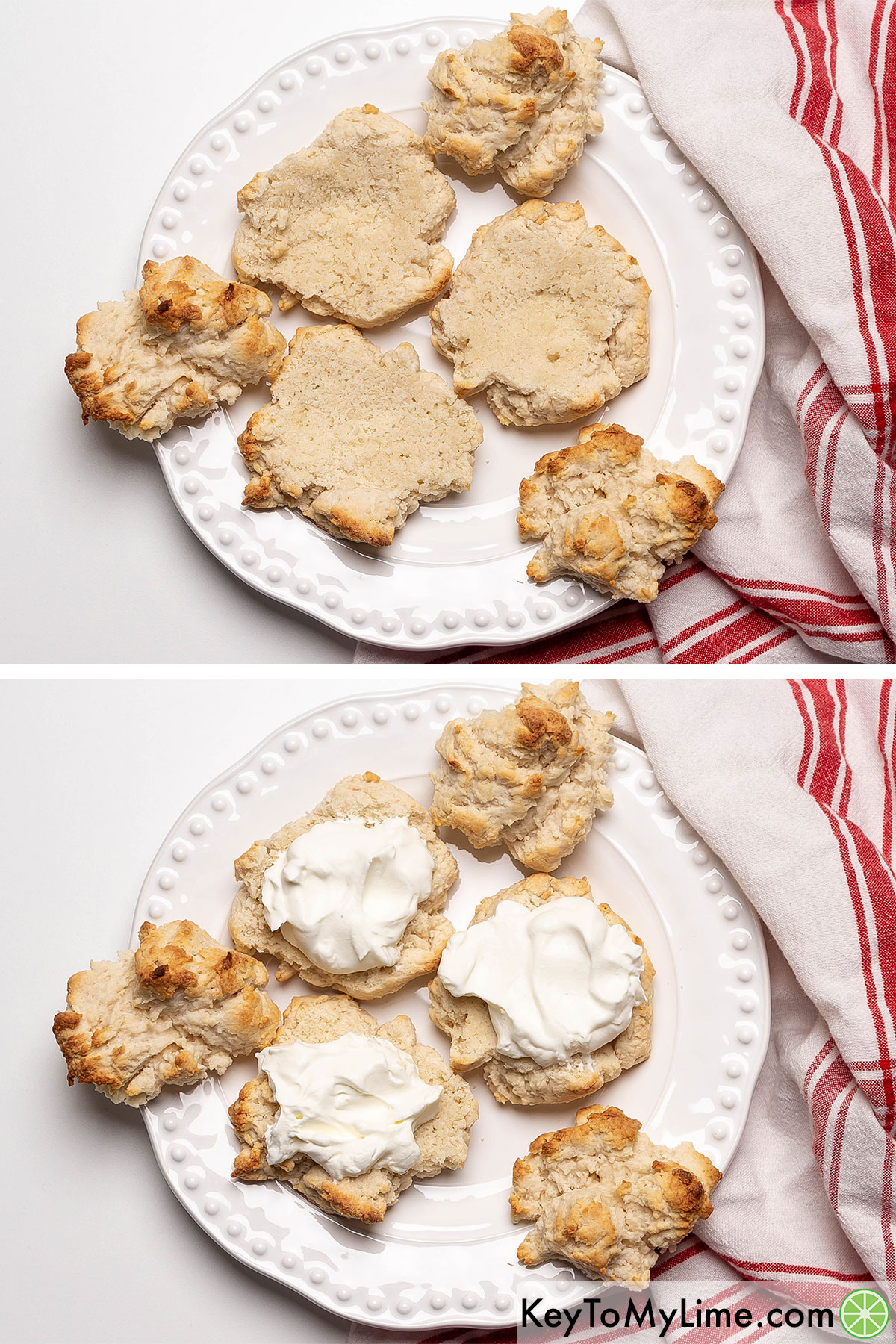 Cutting biscuit shortcakes in half and layering them with whipped cream.