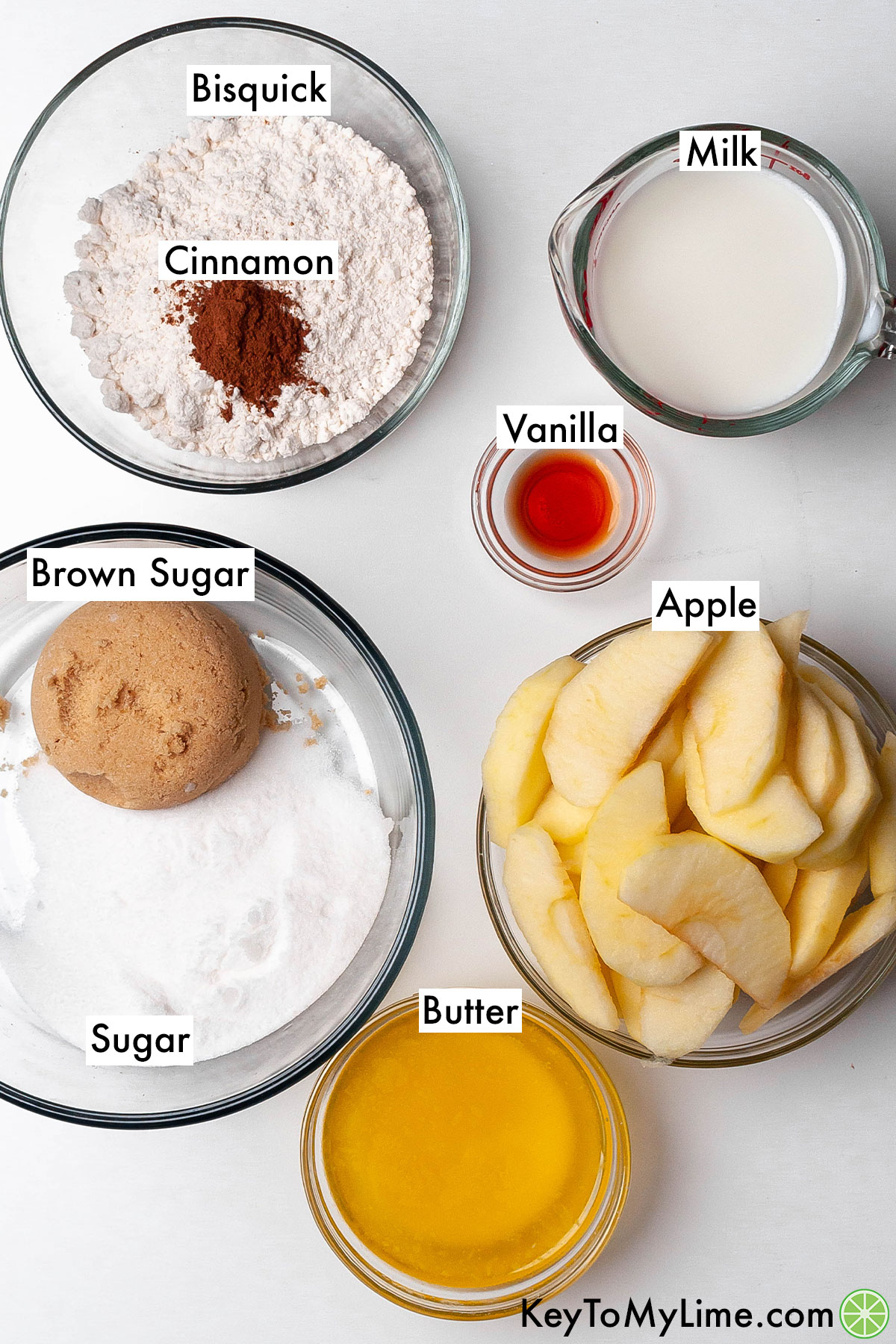 The labeled ingredients for Bisquick apple cobbler.
