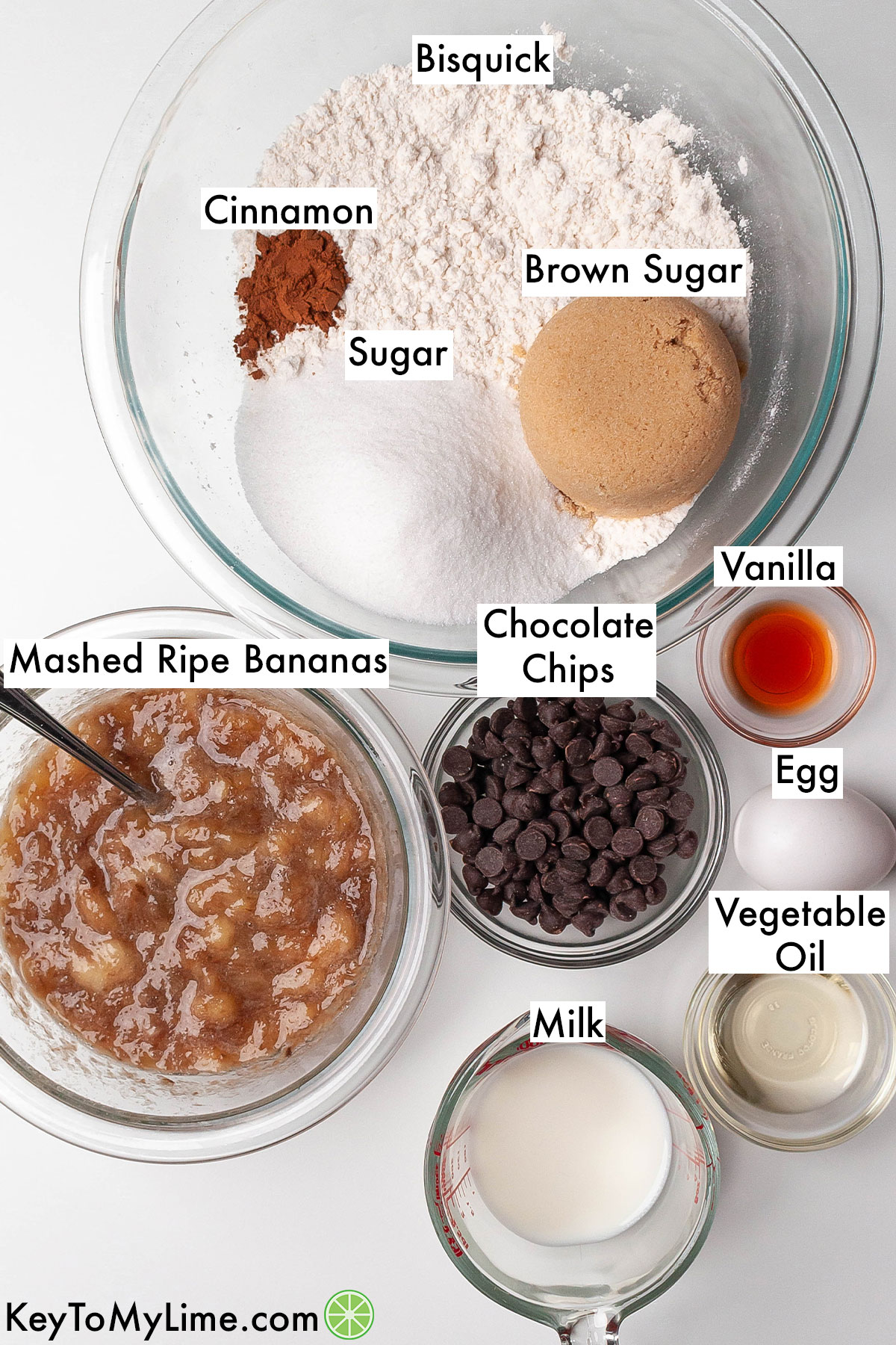 The labeled ingredients for Bisquick banana muffins.