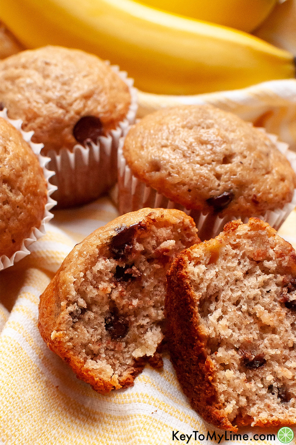 A close up image of the texture of Bisquick banana muffins.