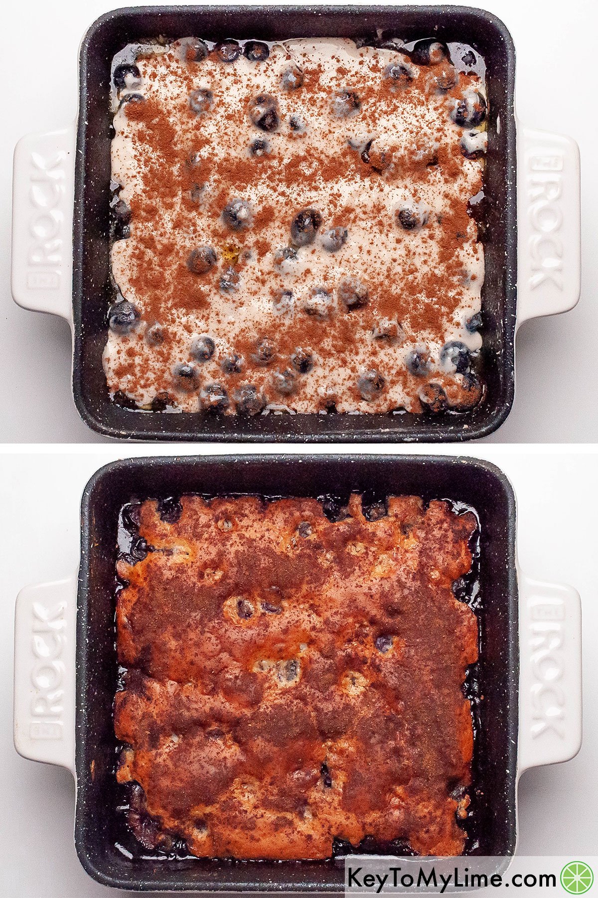 Bisquick blueberry cobbler before and after baking.
