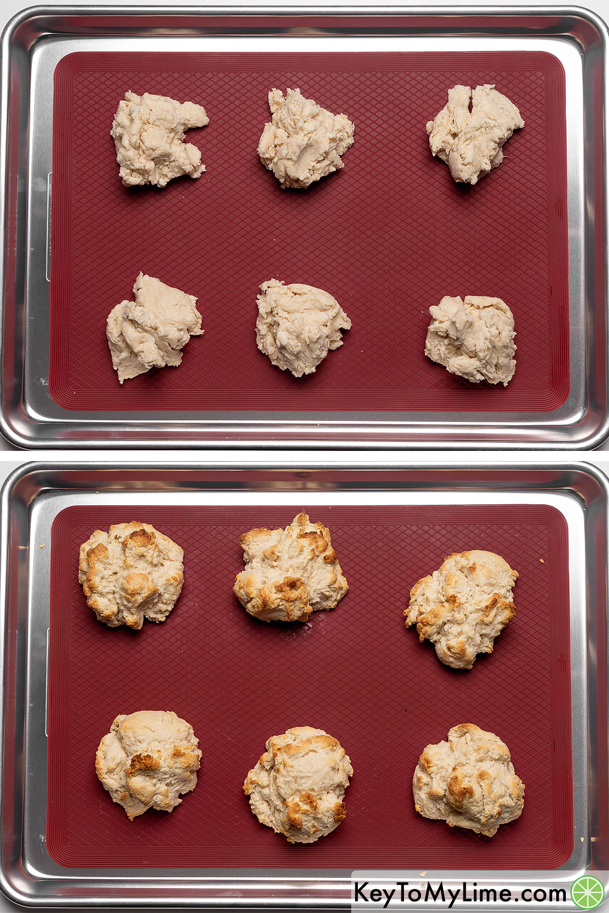 Biscuit shortcakes before and after baking.
