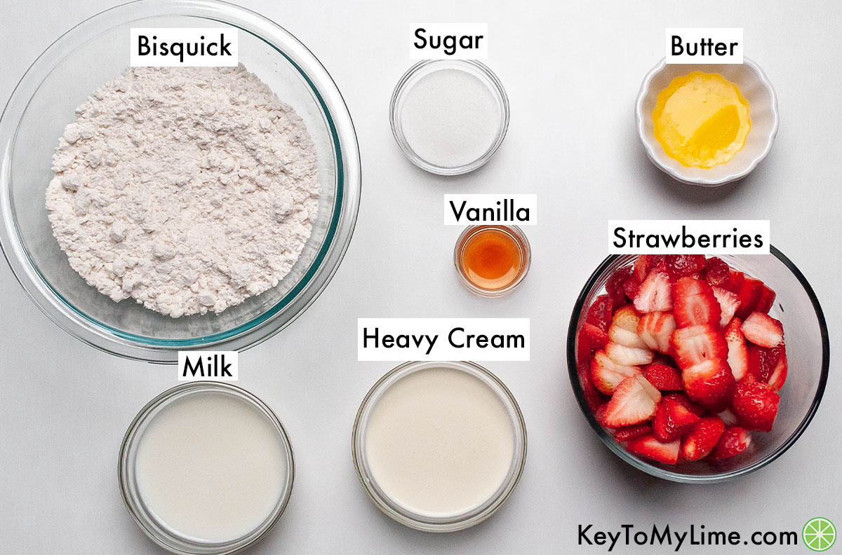 The labeled ingredients for Bisquick strawberry shortcake.