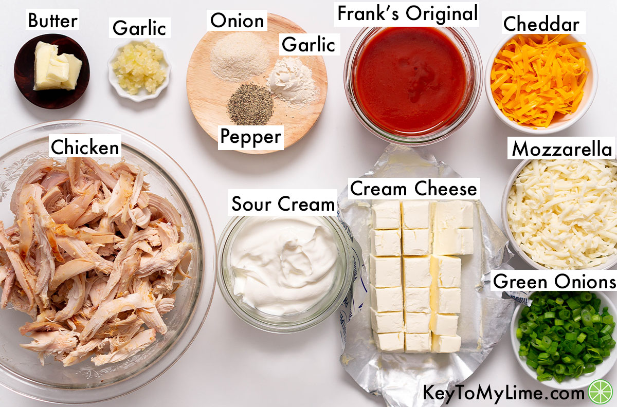 The labeled ingredients for buffalo chicken dip.