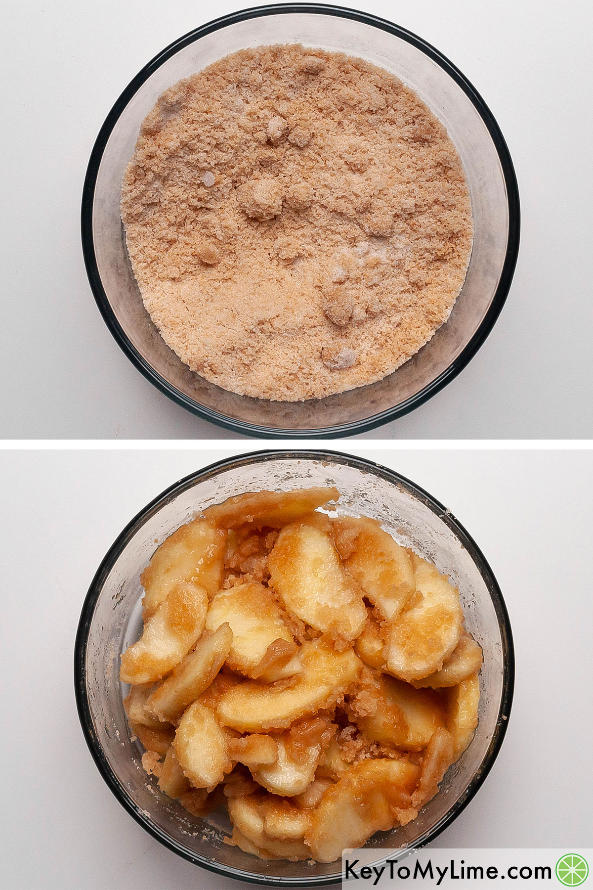 Combining sugar and brown sugar, then coating apple slices in the sugar mixture.