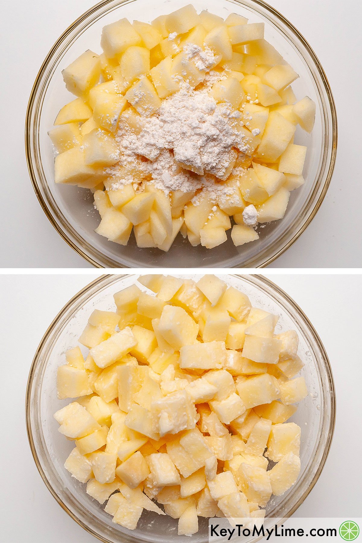 Coating peeled and chopped apples with Bisquick.