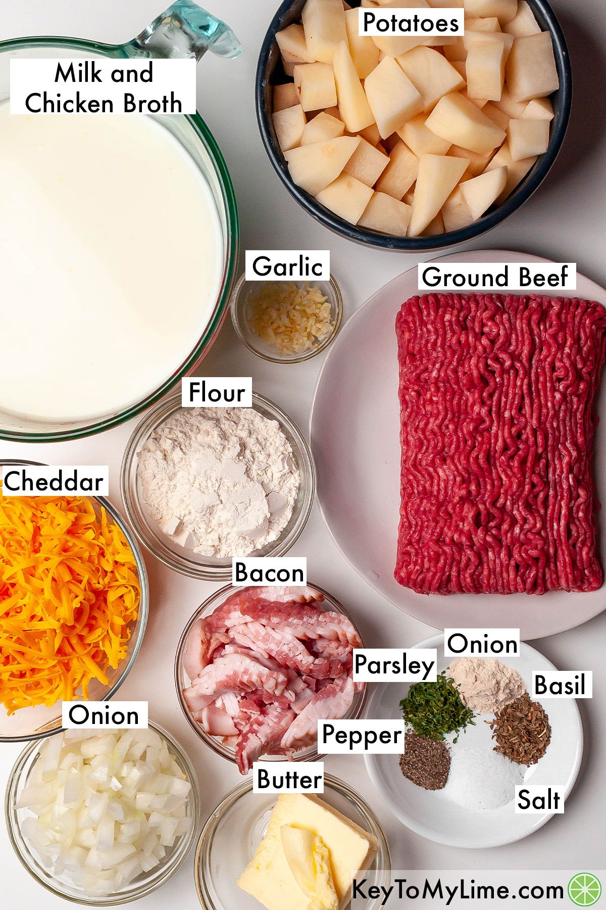 The labeled ingredients for hamburger potato soup.