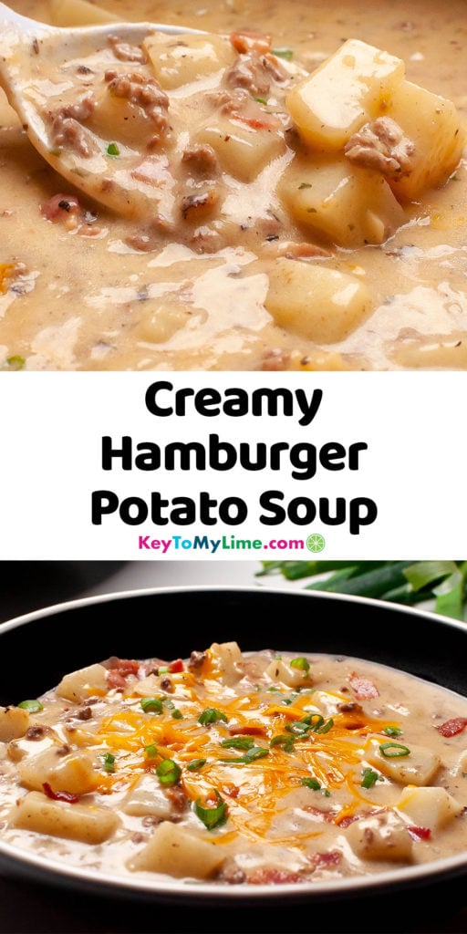 A Pinterest pin image, with two pictures of hamburger potato soup, and title text in the middle.