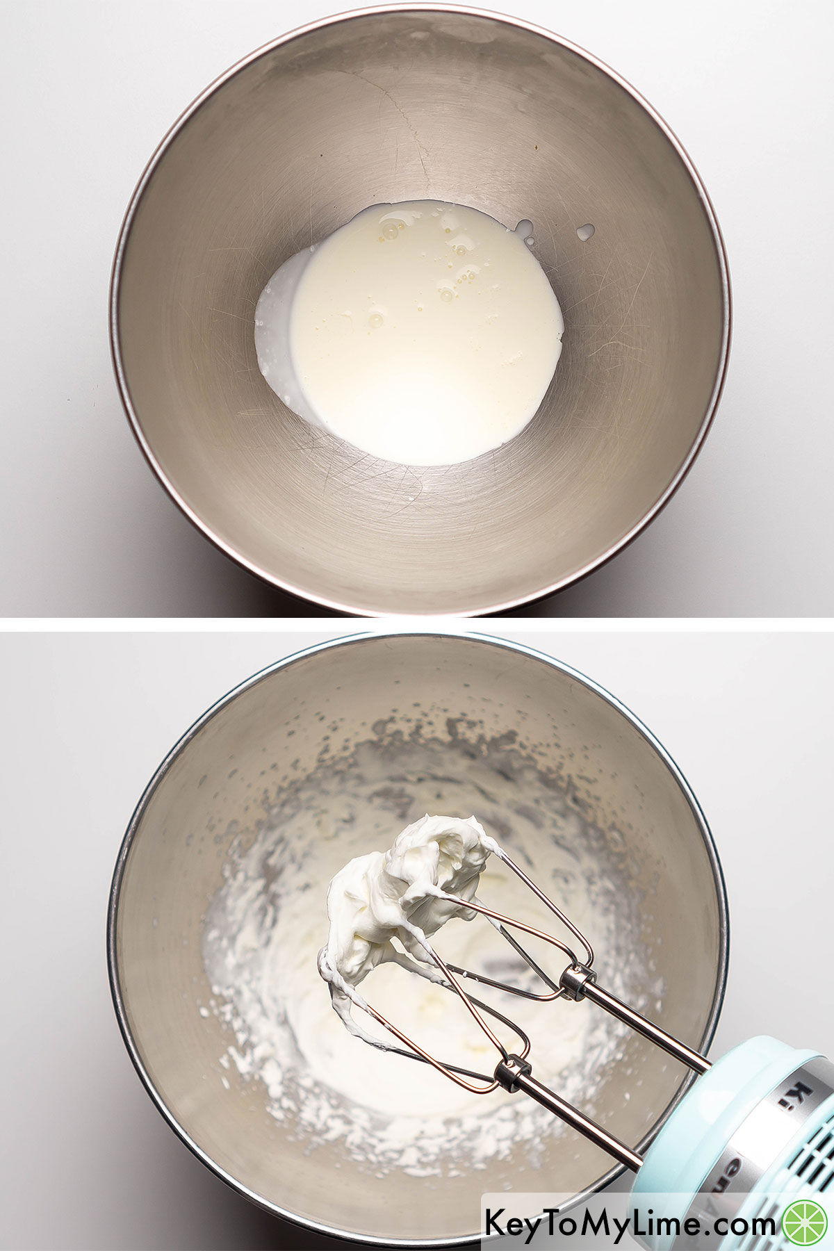 Making homemade whipped cream in a chilled metal bowl.