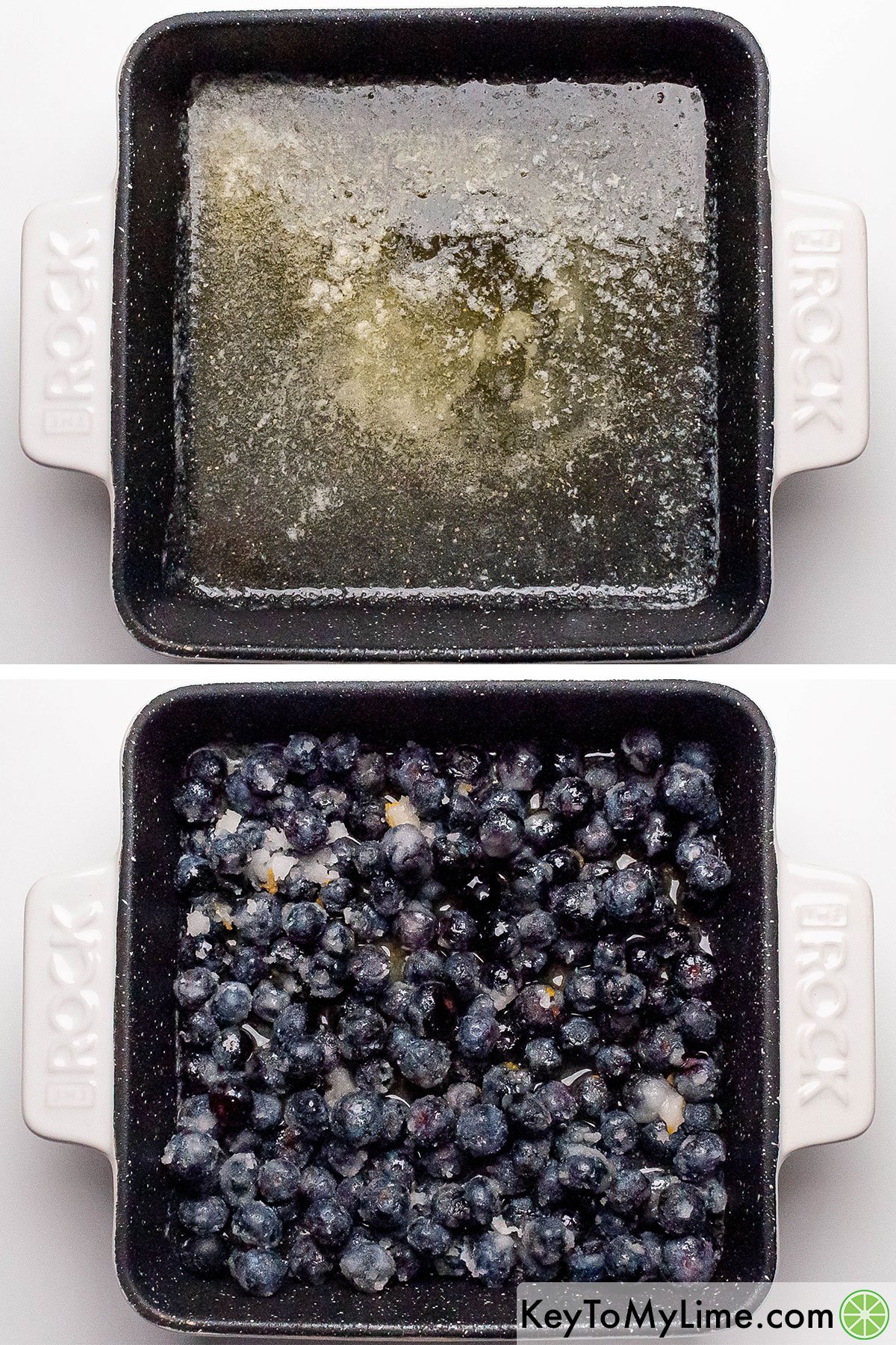 Melted butter in a baking dish, then adding sugar coated fresh blueberries to the baking dish.