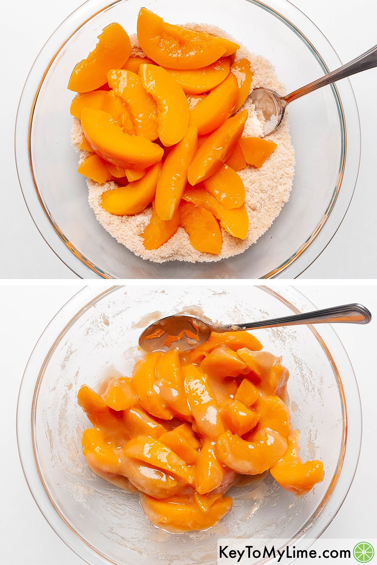 Coating canned sliced peaches in sugar and brown sugar.