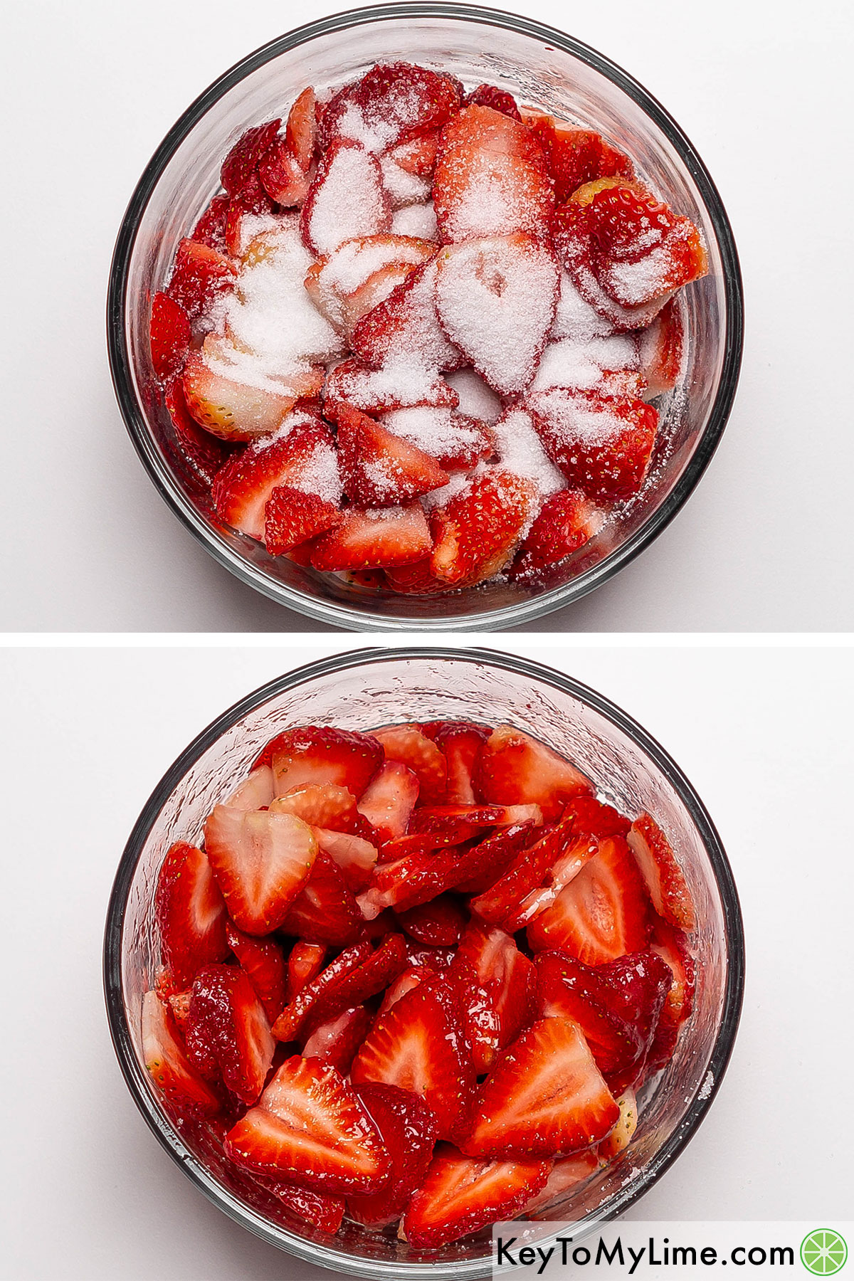Macerating sliced strawberries with granulated sugar.