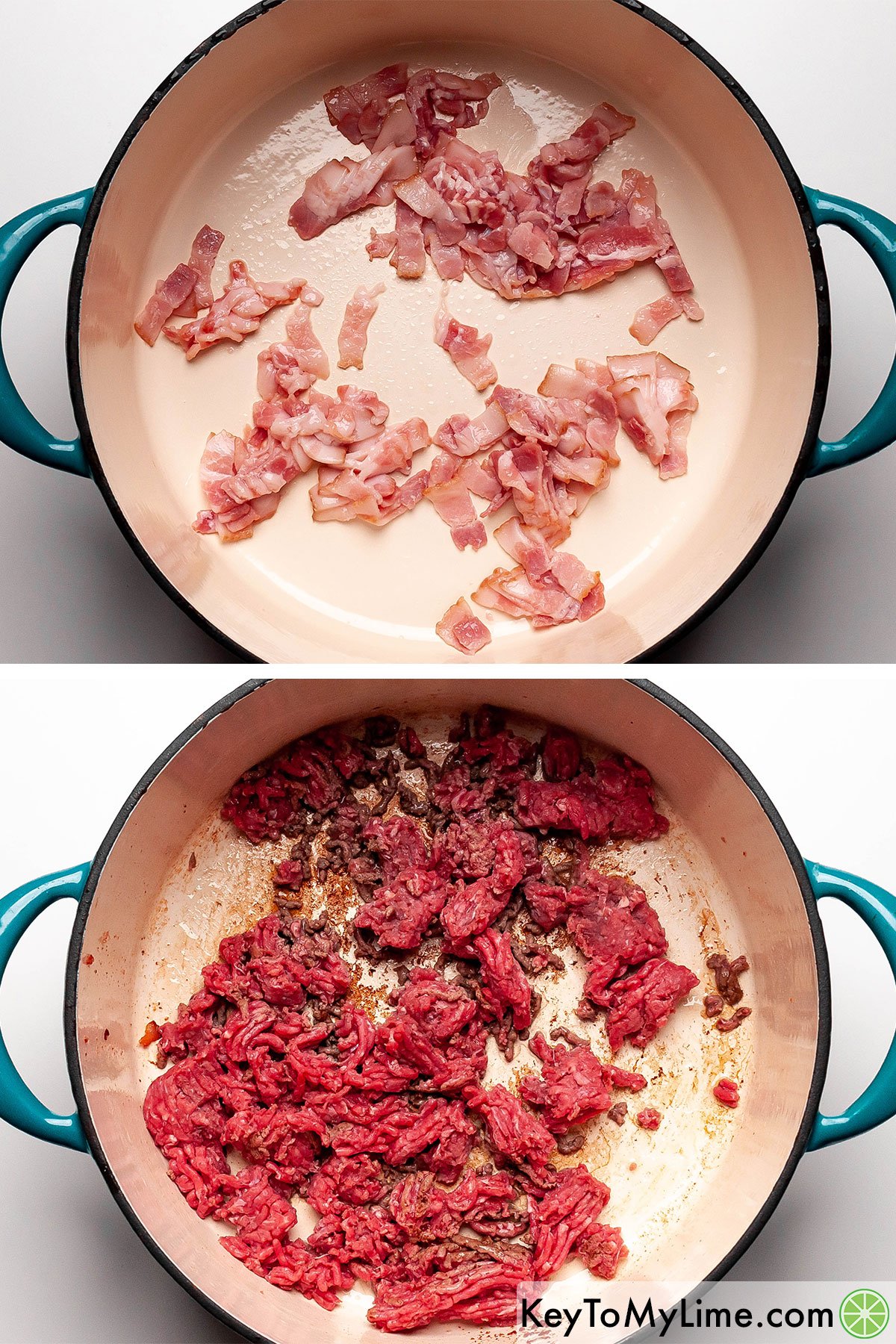 Sauteing sliced bacon, and then sauteing ground beef.