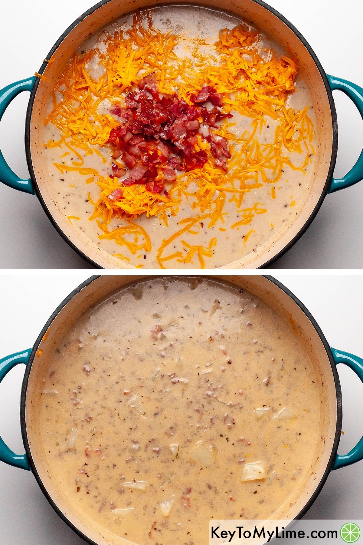 Stirring shredded cheddar and diced cooked bacon into creamy hamburger potato soup.