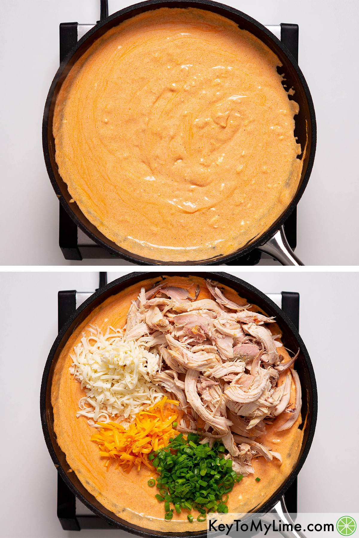 Mixing shredded chicken and cheese into creamy Buffalo dip.