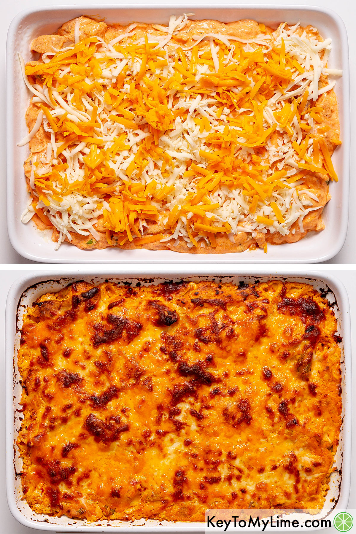 Adding shredded cheese on top of Buffalo dip, and then baking it.