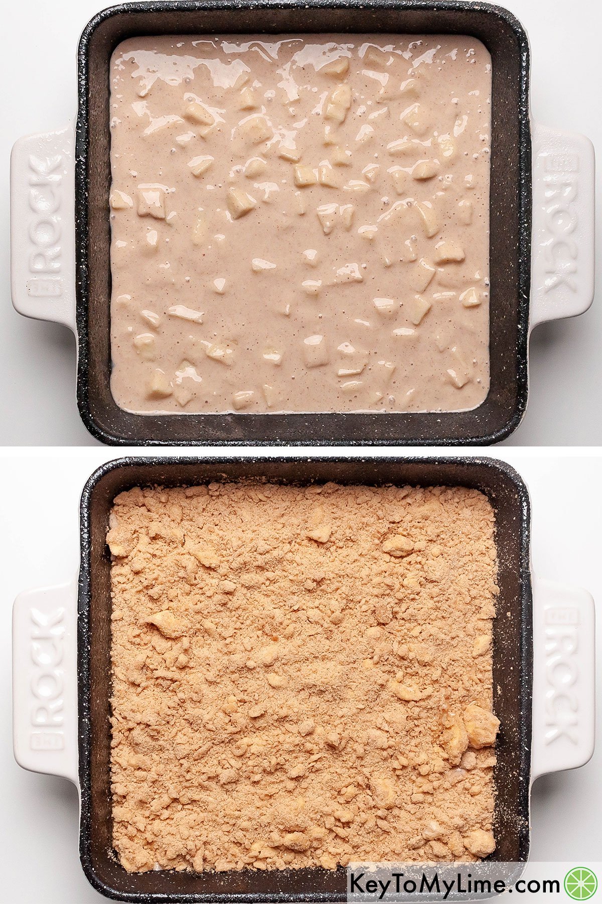 Pouring coffee cake batter in a baking dish, then topping it with streusel topping.