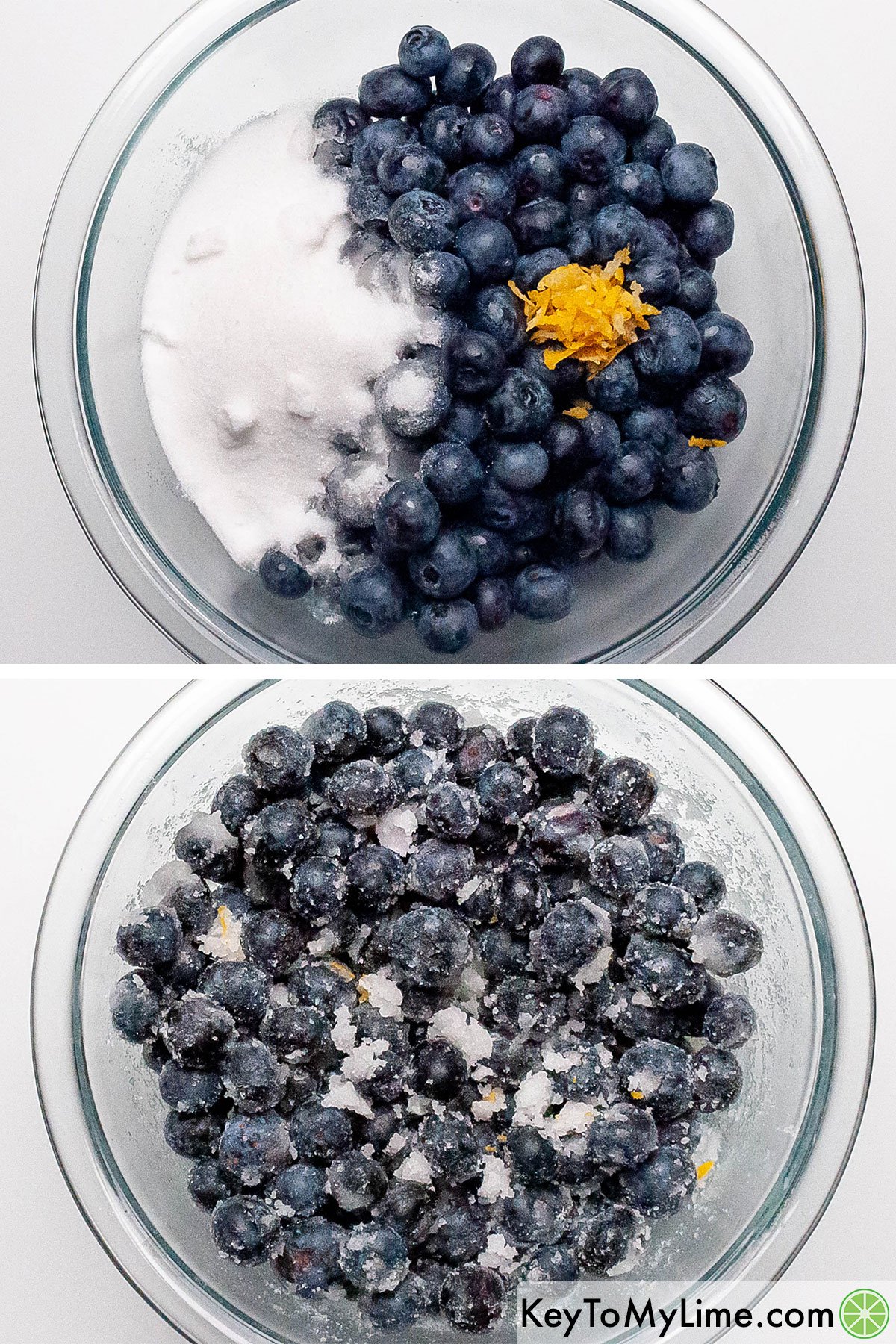 Stirring fresh blueberries, sugar, and lemon zest together.